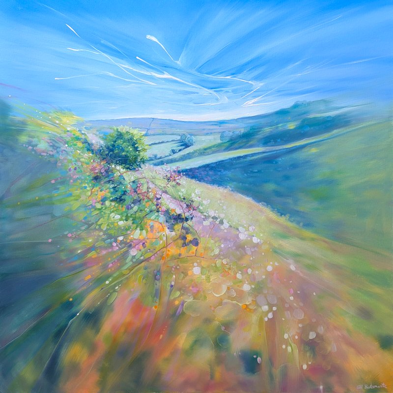 The Devil’s Dyke is a large joyful semi-abstract landscape painting of a place on the South Downs in East Sussex